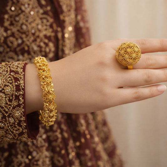 Gold Plated Braided Kara & Ring